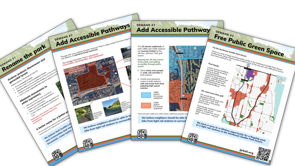 4 flyers - Rename the park, Add Accessible Pathways (x2), Free Public Green Space laid across a blank void